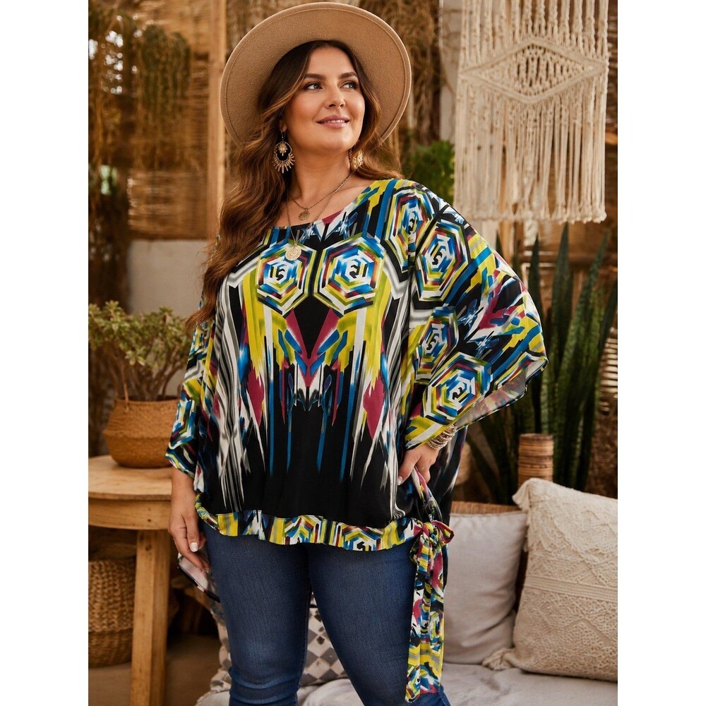 Urban Mango 2X Colorful Geometric Batwing Blouse Tie Hem Tunic Top Plus Size